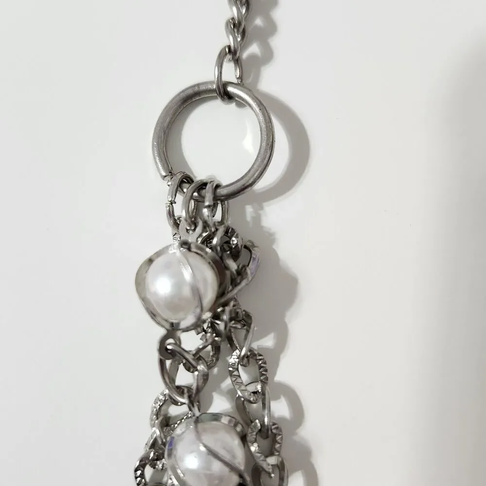 Multi Strand Layered Silver Tone Pearl Beaded Chain Ringlet Necklace Lobster